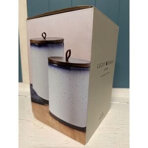Lucky Brand Home Ceramic Canisters Dip Dye Set w/ Wood Lids Speckled Blue White